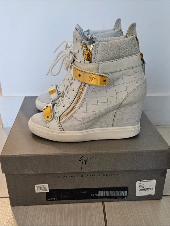 Giuseppe Zanotti Shoes - Giuseppe Zanotti Cream Croc-Embossed Wedge Sneakers with Gold Hardware